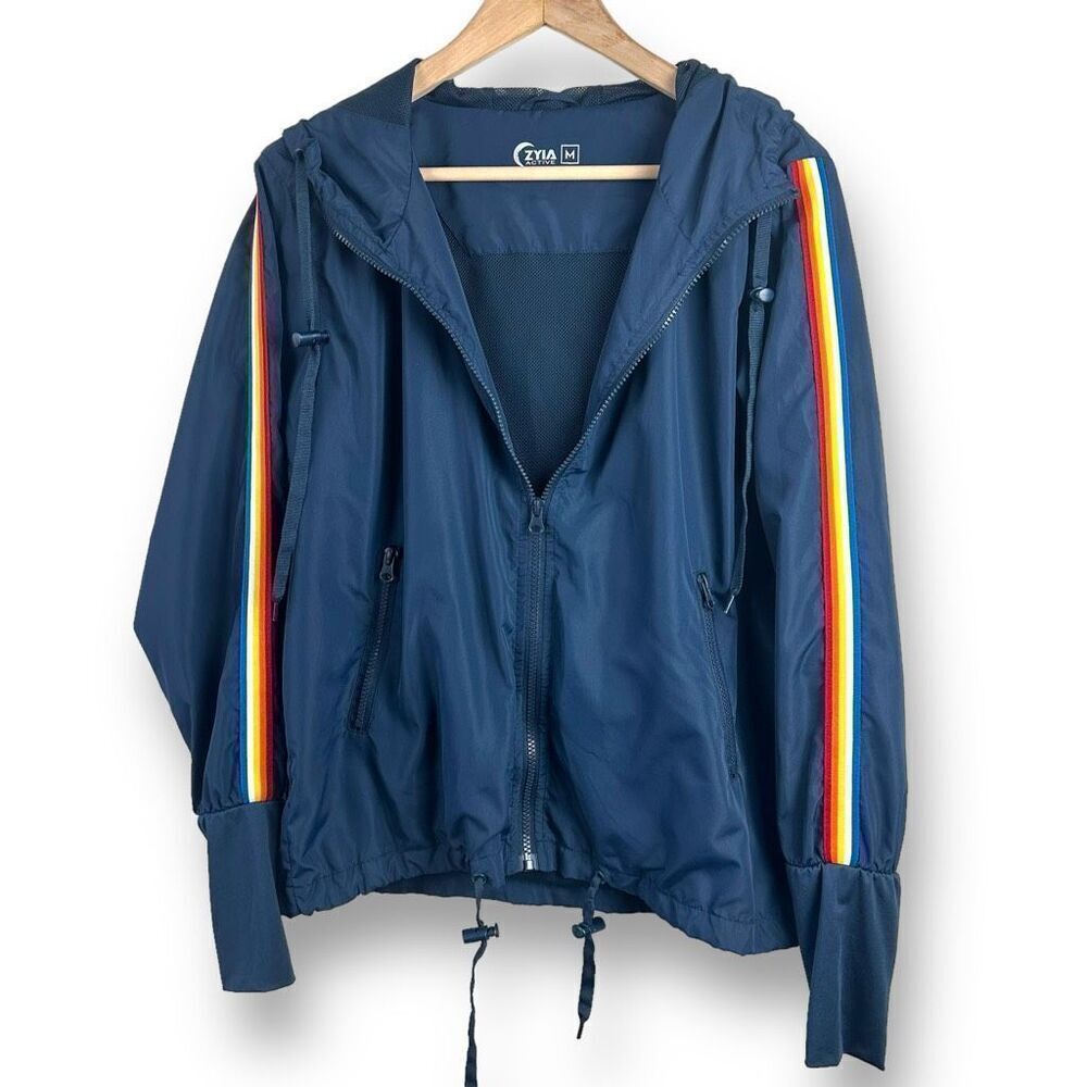 Zyia Active Size M Rainbow Stripe Hooded Windbreaker Jacket Full Zip Navy Bomber